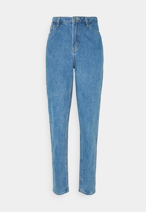 Niebieskie jeansy z wysokim stanem, zapinane z przodu na guziki i zamek błyskawiczny, z pętlami na pasek i zwężanymi nogawkami.