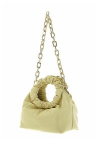 Sac à main synthétique vert menthe texturé avec un haut froncé, une poignée circulaire et une bandoulière chaîne dorée. Présente une finition lisse et un marquage discret.