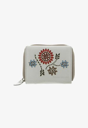 Portefeuille en cuir blanc avec un embossage floral rouge et bleu. Forme rectangulaire avec une fermeture éclair et des coutures grises, doté d'une sangle pour le poignet.