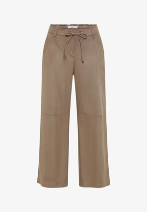 Braune Schlaghose mit weichem Material, ausgestattet mit einem elastischen Bund, einer Krawatte und einer Nahtdetails entlang der Beine.