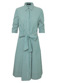 Abito a righe in teal e bianco, con design a bottone, colletto, maniche a tre quarti, dettaglio con cintura in vita e gonna svasata. Stile casual.