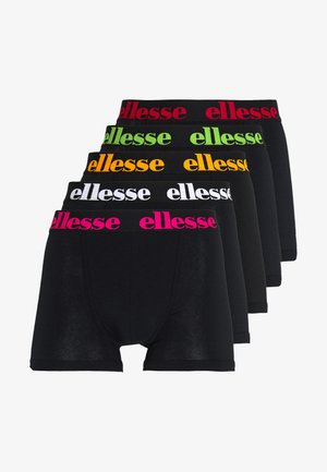 Piecu melnu bokseršortu komplekts ar elastīgām jostām, kas rotātas ar kontrastējošām krāsām "ellesse" logotipiem rozā, zaļā, oranžā, dzeltenā un baltā krāsā.