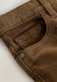 Pantaloni in corduroy marrone con superficie testurizzata, dettagli con bottoni e vita cucita, che mostrano una tonalità calda e terrosa.