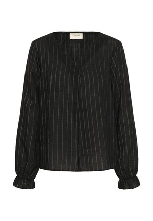 Blusa nera a maniche lunghe con righe verticali bianche, scollatura a V, dettaglio plissettato sul davanti e polsini elasticizzati con delicate arricciature.