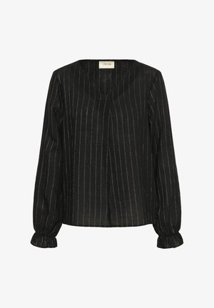 Blusa negra de manga larga con rayas verticales blancas, escote en V, detalle de plisado en el frente y puños elásticos con sutiles volantes.