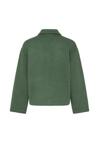 Grøn, ribbede sweaterjakke med krave, lange ærmer, tekstureret stof og en kort, afslappet pasform.