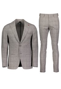 Grau kariertes Anzugset mit einem einreihigen Blazer mit zwei Knöpfen und maßgeschneiderten, schmal geschnittenen Hosen. Weicher Stoff und klare Linien.