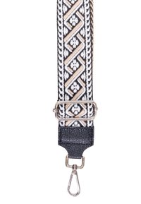 Bandoulière en tissu tissé présentant un motif géométrique noir, blanc et beige, avec un connecteur en cuir et un clip en métal à l'extrémité.