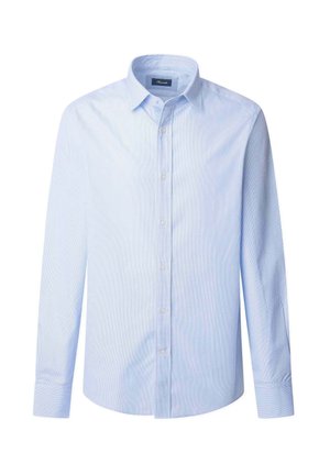 Lichtblauw, langmouw overhemd met knopen en een puntige kraag, voorzien van een subtiel gestreept patroon en witte knopen aan de voorkant.