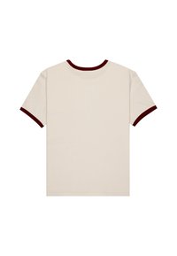 Beige t-shirt met korte mouwen met een bordeauxkleurige geribde kraag en mouwranden. Glad katoenmateriaal met een klassiek ronde hals ontwerp.