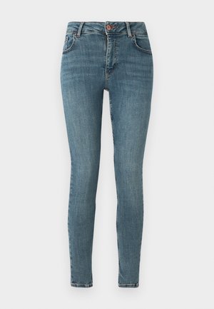 Tanke jeans v srednje modrem denimu. Imajo klasičen pet-pocket dizajn, sprednje zapiranje na gumb in subtilno izbledenje. Gladka tekstura.