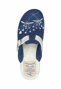 Blue felt clog with white floral embroidery, adjustable strap, cozy interior lining, and a cushioned sole. Marked with “Fly Foot” label.