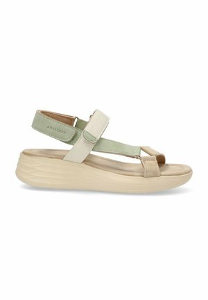 Sandalias beige y verde claro con una suela acolchada, que cuentan con correas ajustables y un diseño elegante, ideales para comodidad y soporte.