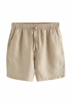 Beige Leinen-Shorts mit elastischem Bund, Kordelzug und zwei Seitentaschen. Weiche Textur, lockere Passform und keine sichtbaren Muster.