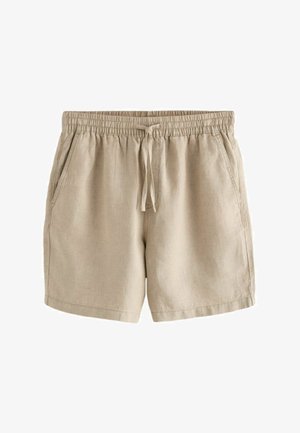 Beiget pellavashortsit, joissa on joustava vyötärönauha, kiristysnauha ja kaksi sivutaskua. Kangas on pehmeää ja malli rento.