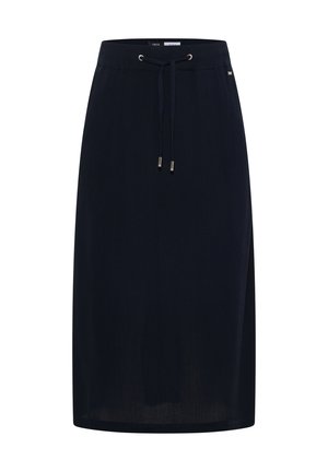 Navy blauwe midirok met koordsluiting in de taille en metalen oogjes, rechte snit en subtiele textuur, met een kleine zijsplit.