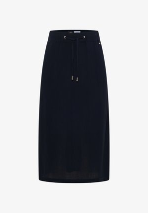 Gonna midi blu navy con vita a coulisse e occhielli metallici, taglio dritto e texture sottile, con una piccola spacco laterale.