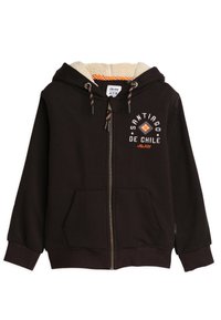 Hoodie noir avec fermeture éclair à l'avant, capuche doublée en fourrure et deux poches avant. Présente un texte blanc et orange "Santiago de Chile" sur la poitrine.