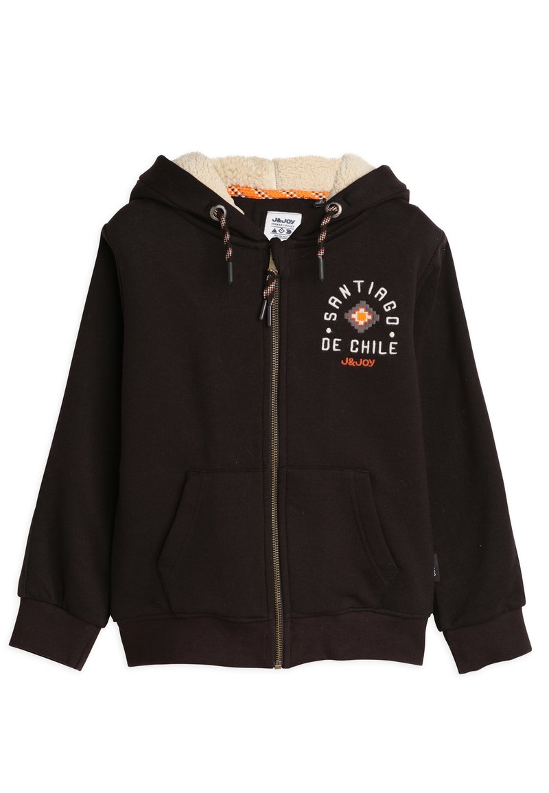 Hoodie noir avec fermeture éclair à l'avant, capuche doublée en fourrure et deux poches avant. Présente un texte blanc et orange "Santiago de Chile" sur la poitrine.