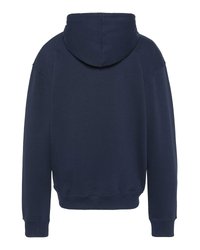 Sudadera con capucha de color azul marino, de mangas largas, con puños y cinturilla de canalé, mostrada desde la parte posterior sobre un fondo blanco.