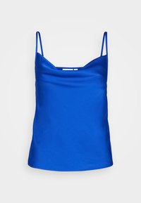 Blå ärmlös topp i slät tyg, med draperad halsringning och tunna axelremmar. Enkelt mönster utan synliga mönster.