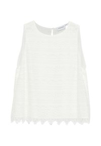 Ärmellose weiße Spitzenbluse mit rundem Ausschnitt, floralem Muster, gewelltem Saum und Rückenknopfverschluss, Größe 36 Anhänger sichtbar.