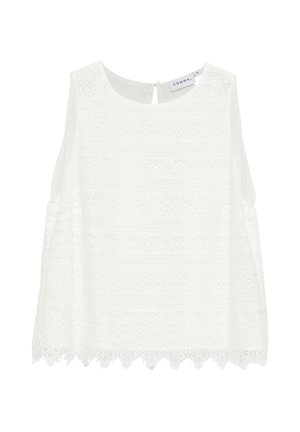 Biała bezrękawnikowa bluzka z koronki z okrągłym dekoltem, kwiatowym wzorem, falowanym dołem i zapięciem na guziki z tyłu, widoczna metka rozmiar 36.