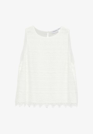 Biała bezrękawnikowa bluzka z koronki z okrągłym dekoltem, kwiatowym wzorem, falowanym dołem i zapięciem na guziki z tyłu, widoczna metka rozmiar 36.