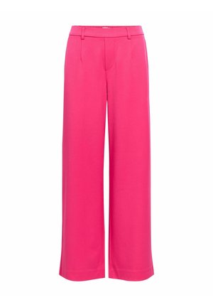 Wide-leg trousers in bright pink, featuring a smooth texture, a fitted waistband, and subtle front pleats. No visible pockets.