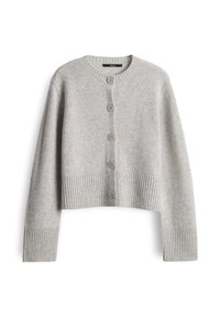 Lichtgrijze, lange mouwen gebreide cardigan met vijf knopen aan de voorkant en geribbelde manchetten en zoom.