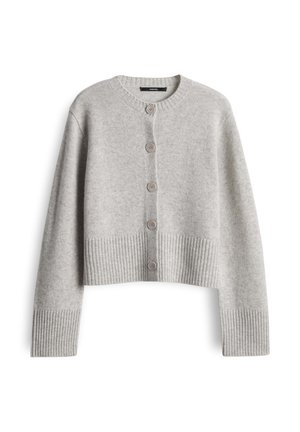Cardigan a maglia grigio chiaro, a maniche lunghe, con cinque bottoni davanti e polsini e orlo a coste.