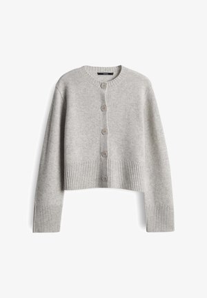 Hellgrauer, langärmeliger Strickcardigan mit fünf Knöpfen an der Vorderseite sowie gerippten Bündchen und Saum.