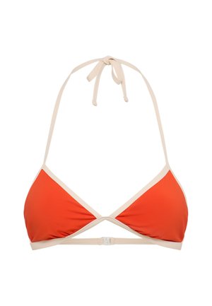 Μπικίνι τοπ με τριγωνικό σχήμα, διαθέτει έντονο πορτοκαλί ύφασμα και μπεζ λουράκια. Περιλαμβάνει κλείσιμο με αγκράφα στο πίσω μέρος.