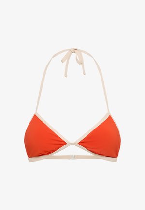 Górna część bikini o trójkątnym kształcie, wykonana z żywej pomarańczowej tkaniny z beżowymi ramiączkami. Zapięcie na klamrę z tyłu.