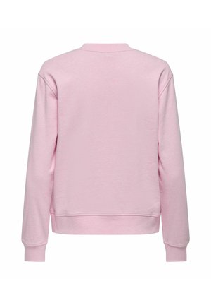 Sweatshirt rose clair à manches longues avec des poignets et un ourlet côtelés, montré de dos sur un fond blanc.