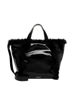 Black tote bag featuring a glossy patent finish with black faux fur accents along the top edge. Includes short handles and a detachable strap.