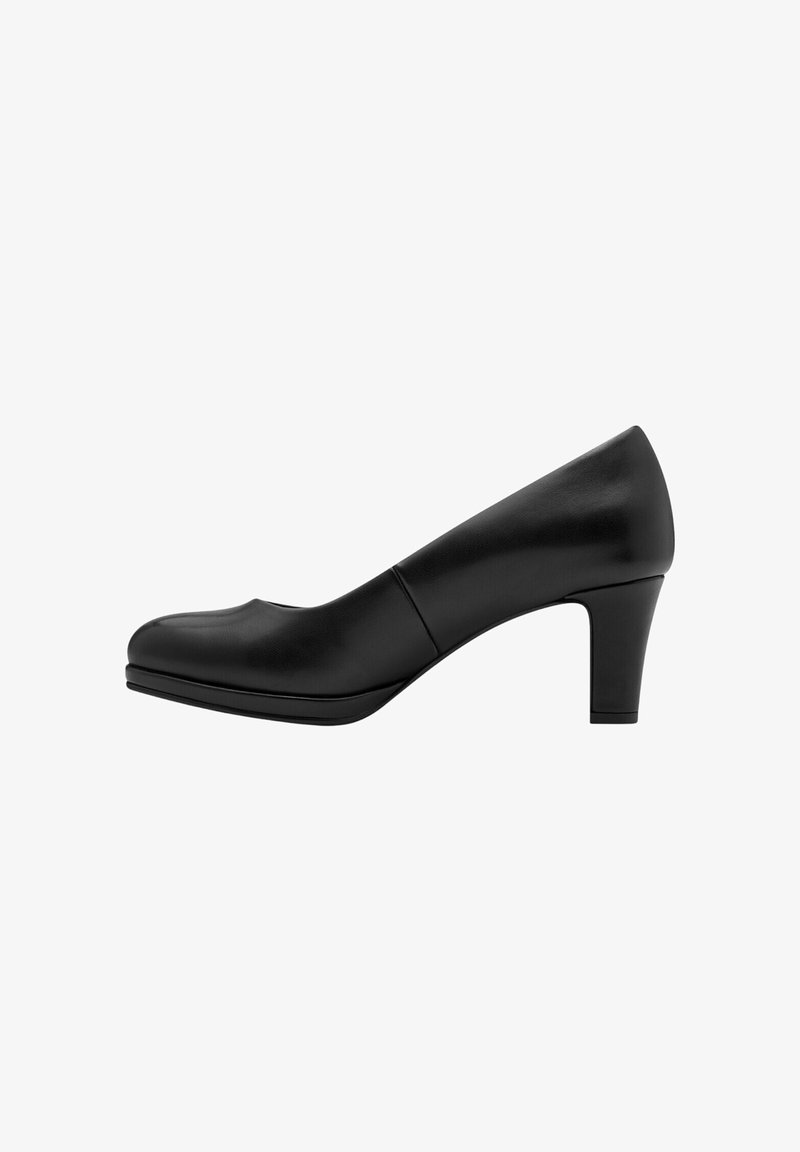 Chaussure à talon haut en cuir noir avec un bout rond, texture lisse et un talon bloc solide. Présente un design minimaliste sans ornementation.