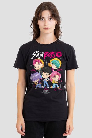 Woman wearing black t-shirt featuring colorful chibi cartoon characters labeled Abby, Baby, Jinu, Romance, and one with question marks.
