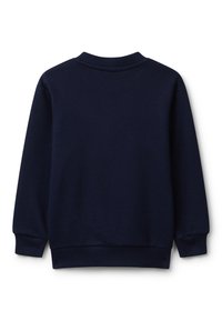 Námořnická modrá bavlněná mikina s kulatým výstřihem, dlouhými rukávy a žebrovanými manžetami a dolním lemem. Jednoduchý design, hladká textura a bez viditelných vzorů.