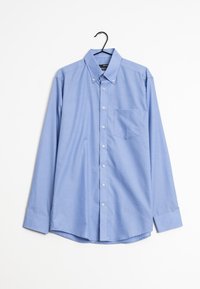 Ljusblå långärmad skjorta med knäppning och krage, med en ficka på vänster bröst och rak nederkant med rundade kanter.