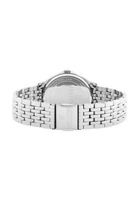Montre en acier inoxydable argenté avec un bracelet en mailles, boîtier rond et finition polie. Dispose d'une fermeture sécurisée et d'un fond de boîte transparent.
