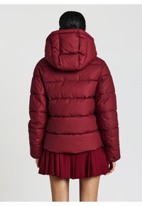 Persona che indossa un giubbotto imbottito bordeaux con cappuccio e una gonna plissettata abbinata, vista da dietro contro uno sfondo semplice.