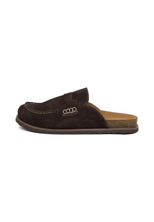 Dunkelbrauner Veloursleder-Slipper-Clog mit gepolstertem Kork-Fußbett und dekorativer Seitennaht, im Profil vor weißem Hintergrund gezeigt.