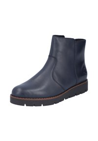 Stivale alla caviglia in pelle blu navy con punta arrotondata, pannelli laterali elasticizzati e suola in gomma testurizzata con finitura marrone.