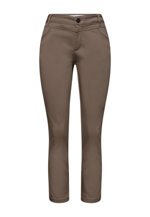 Pantalones marrones de corte recto con botón delantero y bolsillos, diseñados para un uso casual o de negocios.