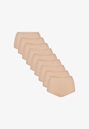 Zehn Paare beiger, hoch taillierter Damenunterhosen, diagonal gestapelt, schlichtes Design mit dezentem Markenlogo am Bund.