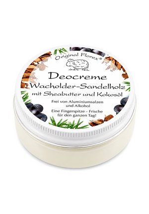 Round white container of Original Florex deodorant cream with juniper and sandalwood, shea butter, coconut oil, and natural ingredients on the label.