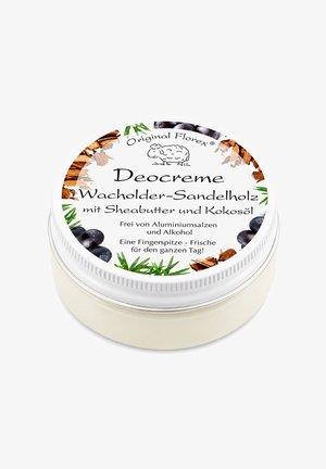 Runder weißer Behälter der Original Florex Deocreme mit Wacholder und Sandelholz, Sheabutter, Kokosöl und natürlichen Inhaltsstoffen auf dem Etikett.