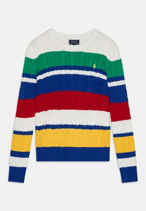 Pletený svetr s kulatým výstřihem, který má široké horizontální pruhy v zelené, modré, červené, bílé a žluté barvě. Obsahuje malé logo.