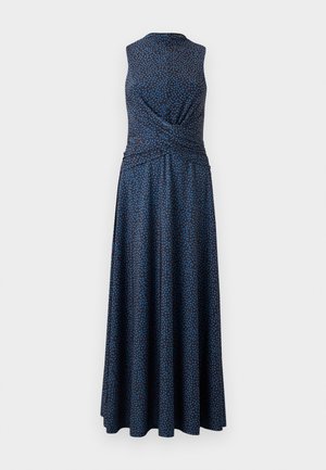 Blaues Kleid mit floralem Muster, ärmelloses Design, taillierter Oberteil und fließender Rock. Hergestellt aus glattem Stoff mit weicher Textur.